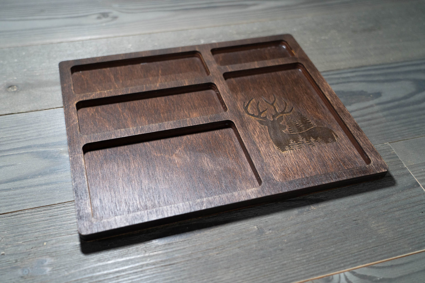 EDC Nightstand Dump Tray - Wood Valet Tray - Deer Engraving - Buck - Hunting