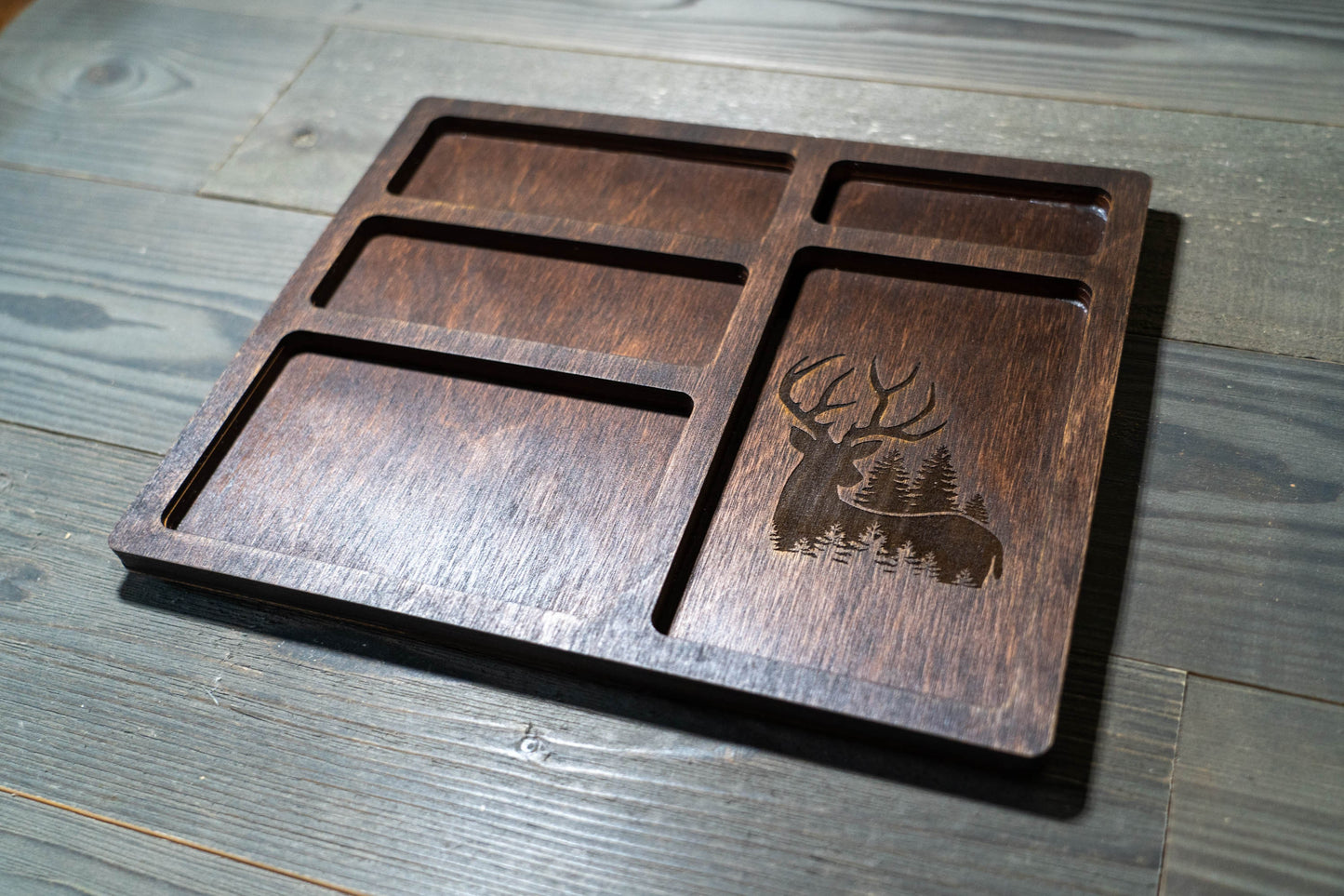 EDC Nightstand Dump Tray - Wood Valet Tray - Deer Engraving - Buck - Hunting