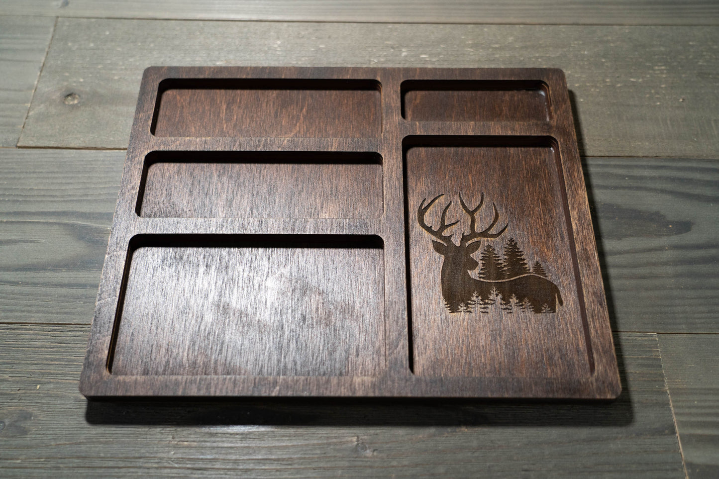 EDC Nightstand Dump Tray - Wood Valet Tray - Deer Engraving - Buck - Hunting