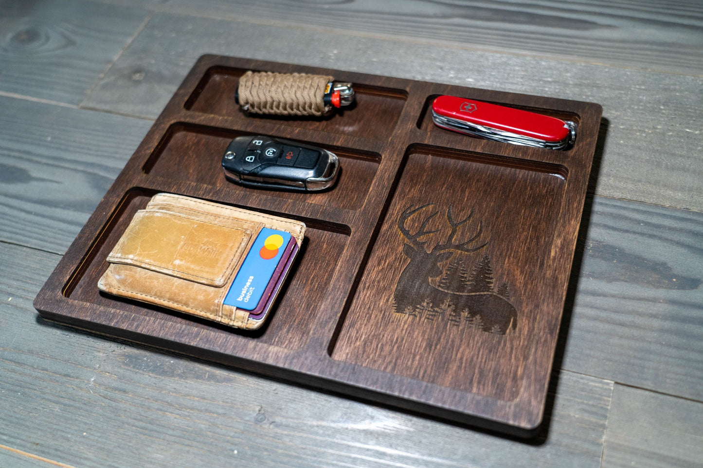 EDC Nightstand Dump Tray - Wood Valet Tray - Deer Engraving - Buck - Hunting