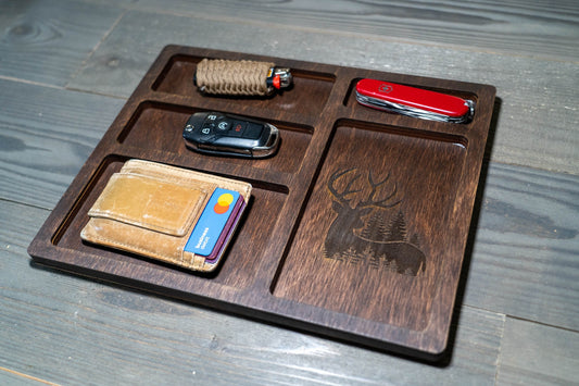 EDC Nightstand Dump Tray - Wood Valet Tray - Deer Engraving - Buck - Hunting