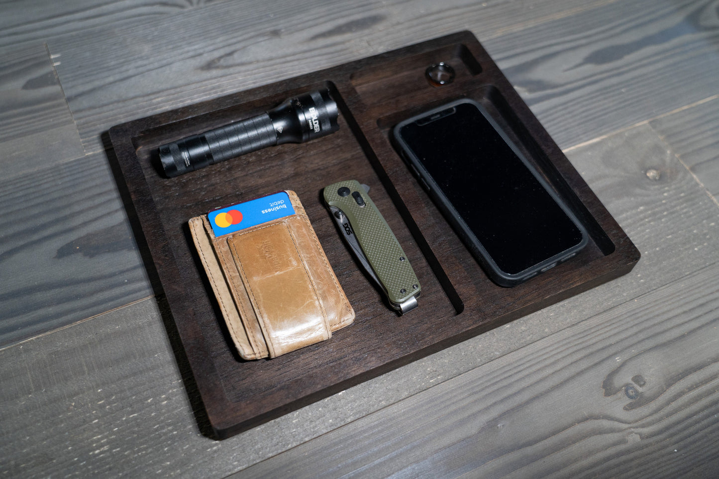 EDC Nightstand Dump Tray - 3 Compartment Wood Valet Tray