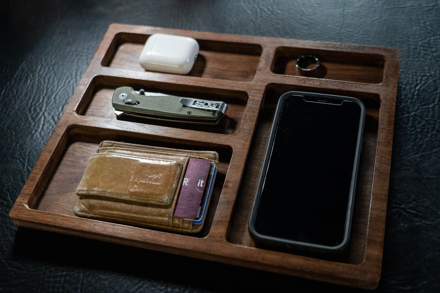 Walnut EDC Nightstand Dump Tray - Wood Valet Tray