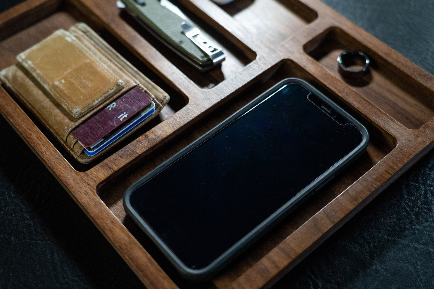 Walnut EDC Nightstand Dump Tray - Wood Valet Tray