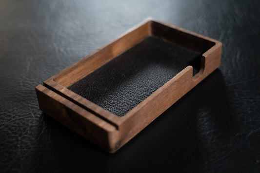 Walnut To-Do List Tray with Black Leather Lining