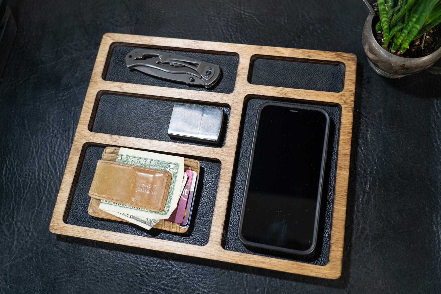 EDC Nightstand Dump Tray - Leather Lined Valet Tray