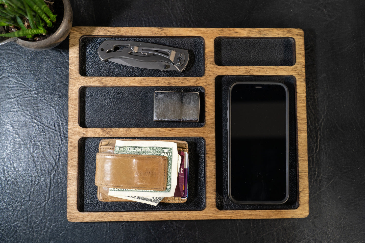 EDC Nightstand Dump Tray - Leather Lined Valet Tray