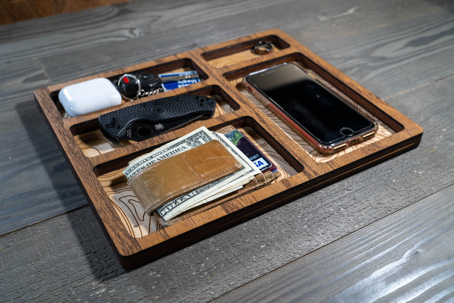 EDC Nightstand Dump Tray - Wood Valet Tray - Topo Map Engraving