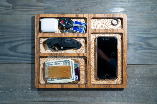 EDC Nightstand Dump Tray - Wood Valet Tray - Topo Map Engraving