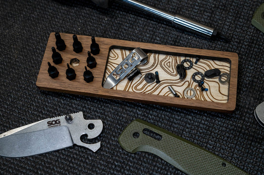 EDC Tray for Knife Maintenance - Personalized Cleaning Tray - Walnut and Topo