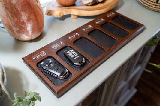 Personalized Walnut Key Fob Tray with Leather Lined Compartments