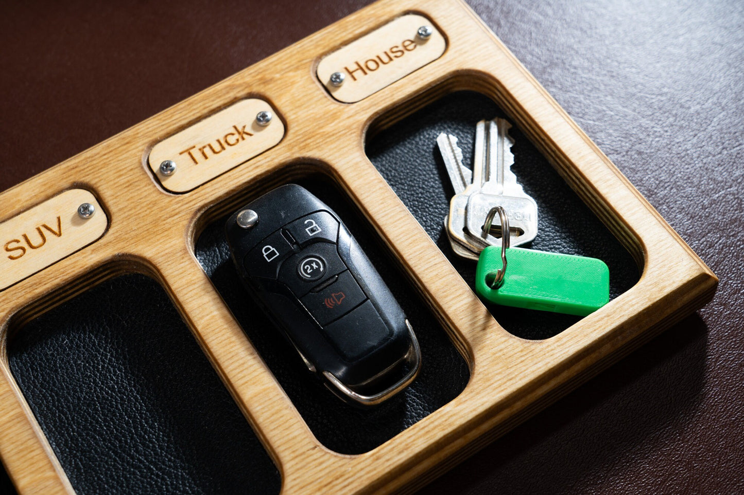 Personalized Key Fob Tray with 4 Leather Lined Compartments