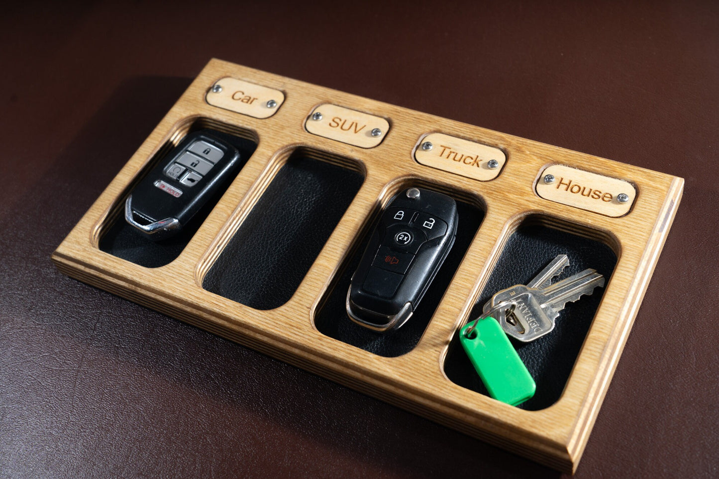 Personalized Key Fob Tray with 4 Leather Lined Compartments