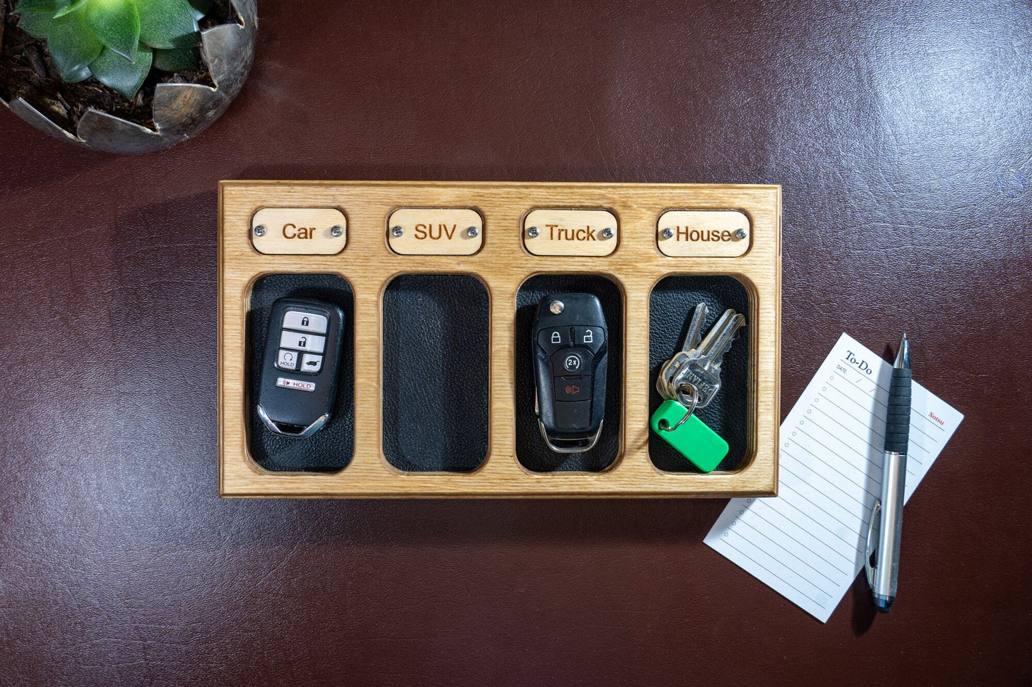 Personalized Key Fob Tray with 4 Leather Lined Compartments